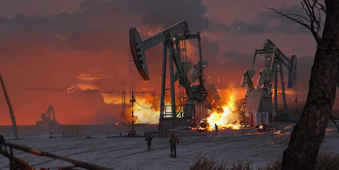 Oil field - Fire, Oil rig, Oil production, Artstation, Art