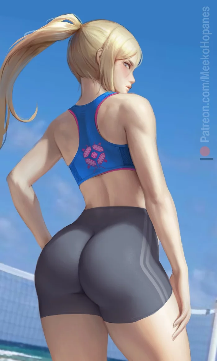 Samus on the beach - NSFW, Art, Drawing, Metroid, Samus aran, Girls, Erotic, Hand-drawn erotica, Game art, Swimsuit, Bikini, Tights, Booty, Nudity, Back view, Meekohopanes, Longpost