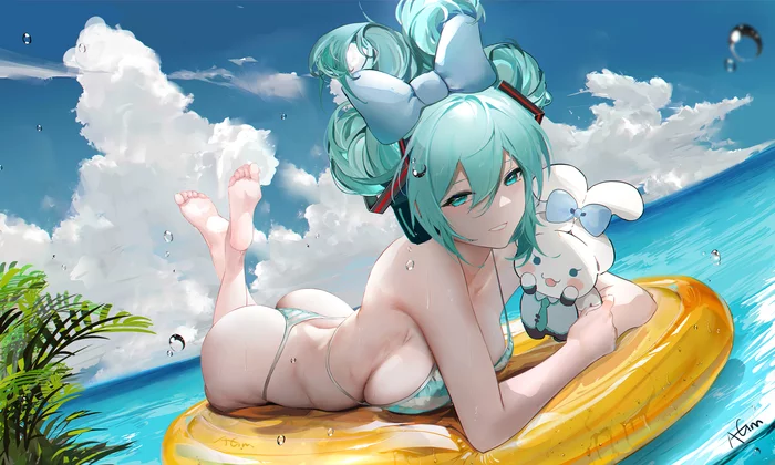 Hatsune Miku - NSFW, Anime, Anime art, Hatsune Miku, Vocaloid, Omone Hokoma Agm, Swimsuit, Boobs, Booty, Nudity, Hand-drawn erotica, Erotic