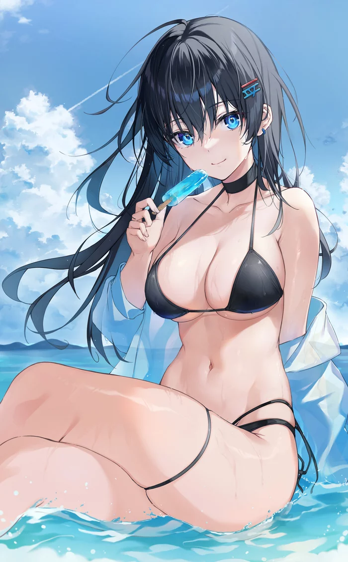 Прохладное - NSFW, Anime Art, Аниме, Original Character, Девушки, Купальник, Море, Мороженое, Длиннопост