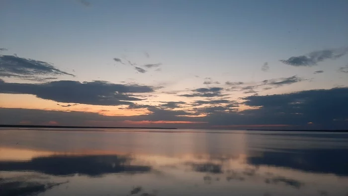 Quiet and smooth - My, Volga river, Rybinsk Reservoir, Landscape, Sunset, Sky, beauty of nature, Clouds, Reflection