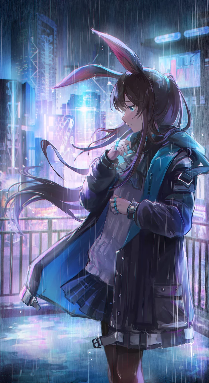 Amiya in the rain - Arknights, Amiya, Anime art, Animal ears, Game art, Games, Rain