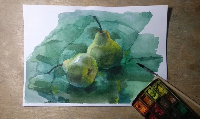 Green pears on green - My, Traditional art, Artist, Watercolor, Pears, Green, Etude, Painting, Still life