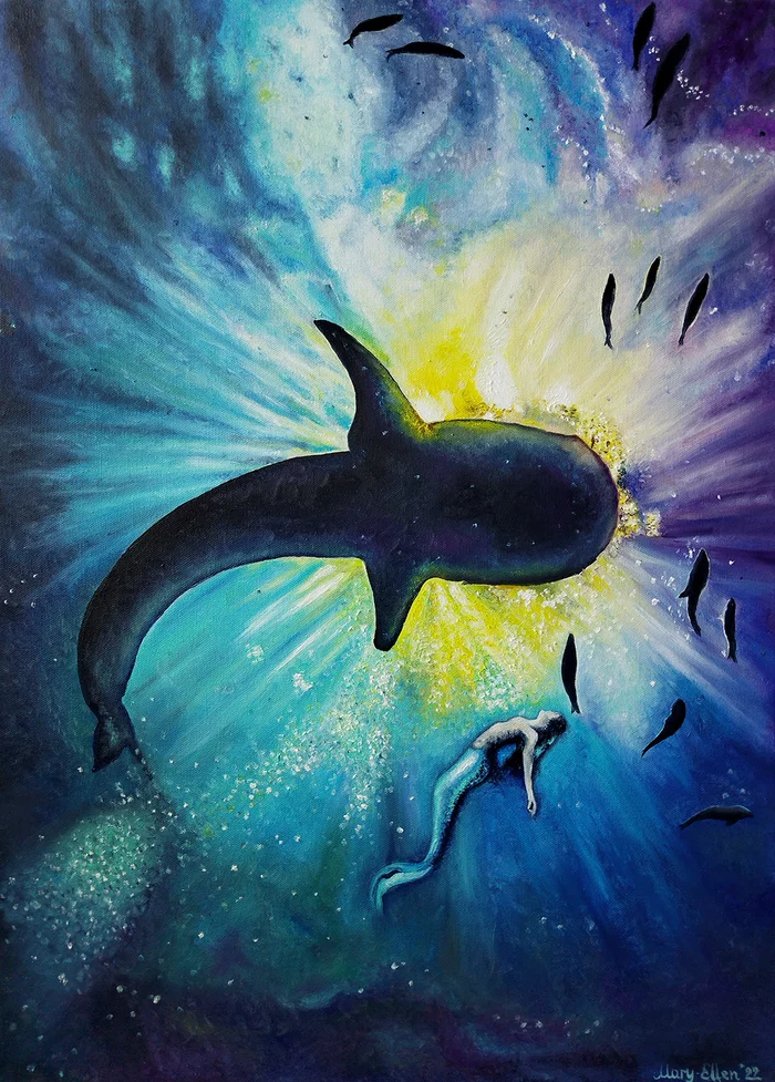 From the depths to the light - My, Oil painting, Painting, Painting, Artist, Mermaid, Whale shark, Shark, Sea, Ocean, Water, Sun rays, Concept Art, Lyrics