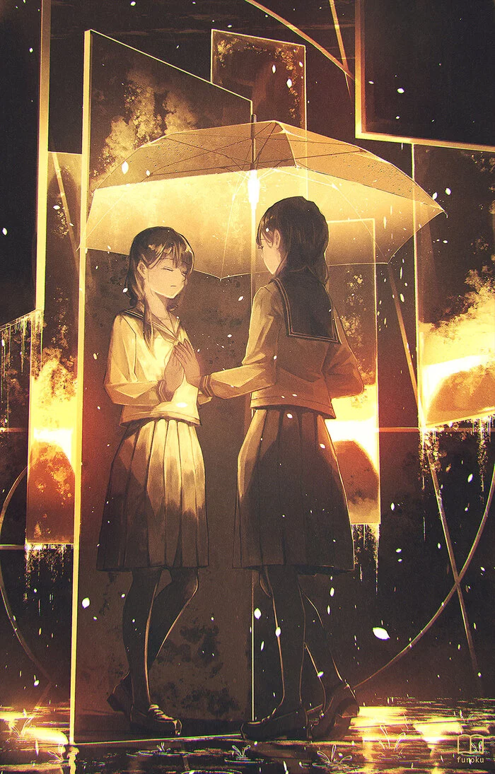 Umbrella with me - Anime, Anime art, Original character, Girls, Mirror, Umbrella, Seifuku