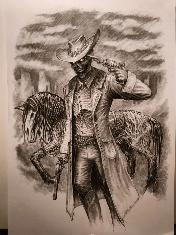 Deadman - My, Pencil, Hunt: Showdown, Drawing, Skeleton, Horses, Longpost, Revolver