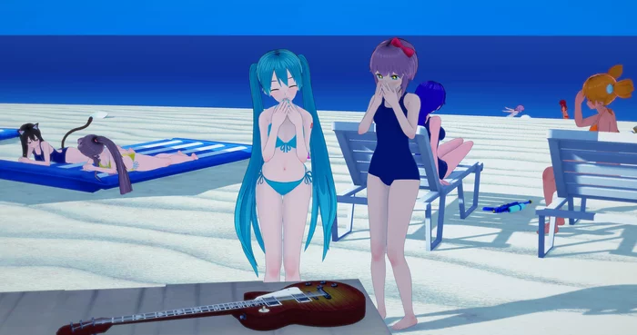 Here is a gift! But we will not test it now, otherwise sand or water will get in ... - My, Endless summer, Doki Doki Literature Club, Hatsune Miku, Yuvao-Tian, Monika, Sad-Tyan, Alisa Dvachevskaya