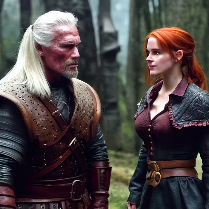 Here's a series about the Witcher I would watch - My, Midjourney, Neural Networks, Art, Witcher, The Witcher series, Arnold Schwarzenegger, Emma Watson, Gal Gadot, Saoirse Ronan, Johnny Depp, Harrison Ford, Longpost, The Witcher 3: Wild Hunt