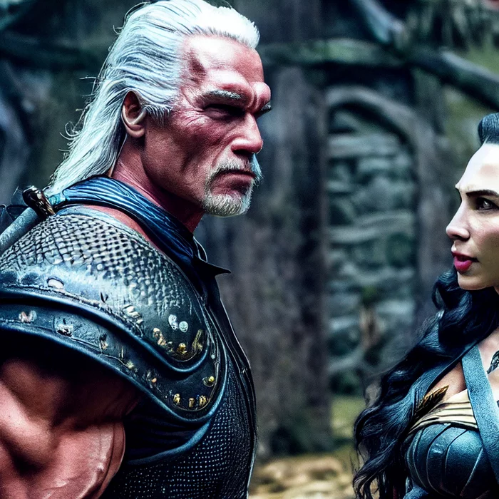 Here's a series about the Witcher I would watch - My, Midjourney, Neural Networks, Art, Witcher, The Witcher series, Arnold Schwarzenegger, Emma Watson, Gal Gadot, Saoirse Ronan, Johnny Depp, Harrison Ford, Longpost, The Witcher 3: Wild Hunt