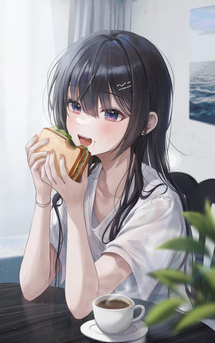 morning - Anime art, Anime, Original character, Girls, Coffee, A sandwich