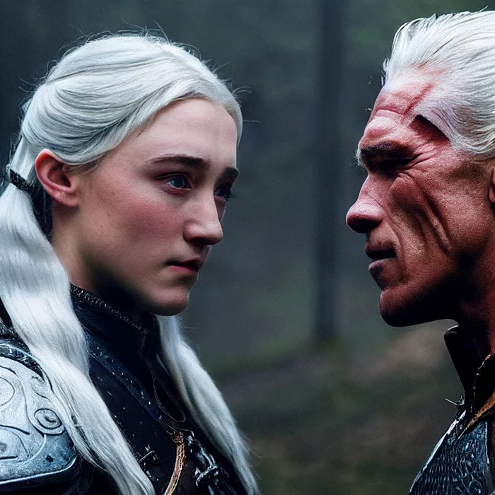 Here's a series about the Witcher I would watch - My, Midjourney, Neural Networks, Art, Witcher, The Witcher series, Arnold Schwarzenegger, Emma Watson, Gal Gadot, Saoirse Ronan, Johnny Depp, Harrison Ford, Longpost, The Witcher 3: Wild Hunt