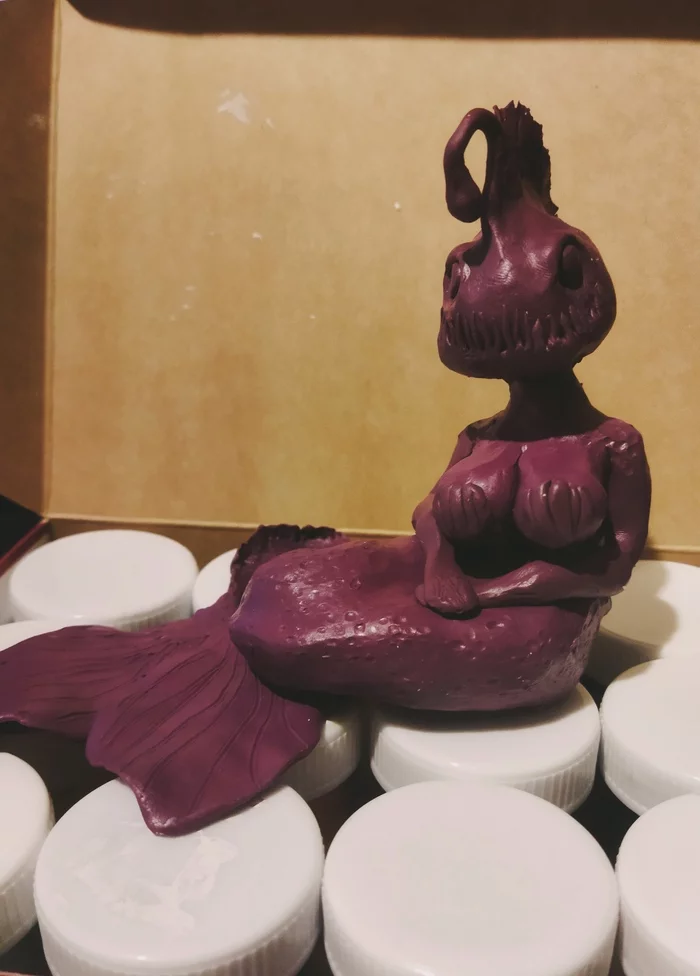 Plasticine experiments. The little mermaid and the killer smile - My, Art, Plasticine, Sculpture, Creation, Furry, A fish, Smile, Figure, Mermaid, Monkfish, Fantasy, Anime, Longpost, Fetishism