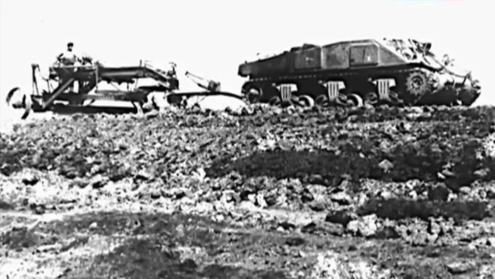 Do not waste good. Tank Sherman with a dismantled tower plows the ground in the Chelyabinsk region. USSR 1948 - Tanks, Sherman, Ploughing, Old photo, Black and white photo
