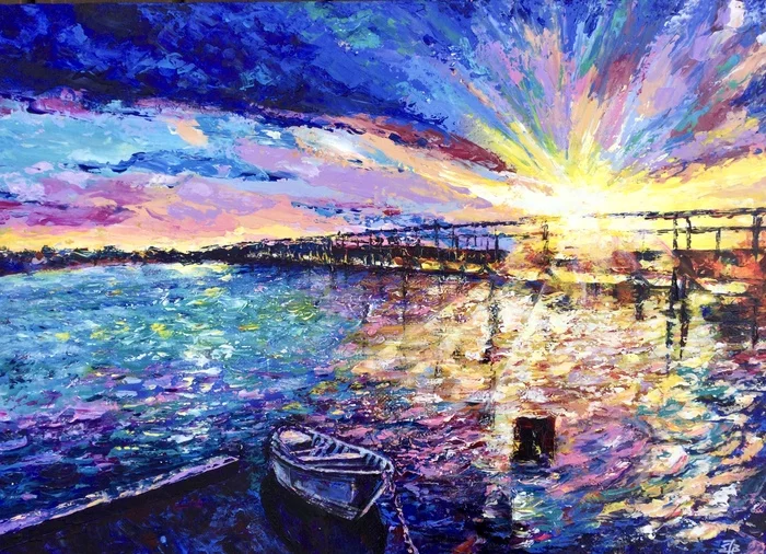 summer sunset - My, Summer, Sunset, Bridge, Impressionism, Painting, Acrylic