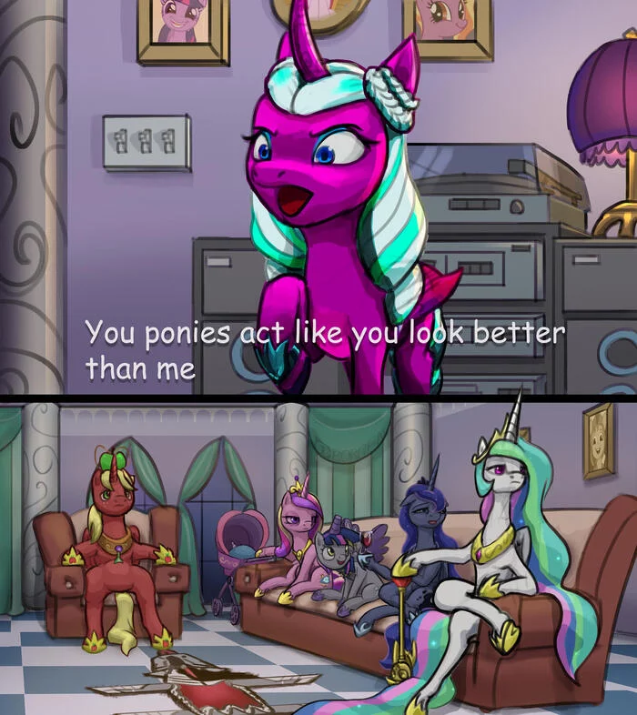 Why are you all acting like you're better than me? - My little pony, Ponification, Opaline, Princess celestia, Twilight sparkle, Derpy hooves, Big Macintosh, King sombra, Sunny starscout, Comics, Memes, Family guy
