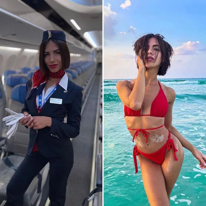 Stewardesses on/off (Part 2) - NSFW, Erotic, Girls, Nudity, Girl in glasses, Bikini, Sea, Sky, Airplane, Profession, Longpost, Stewardess