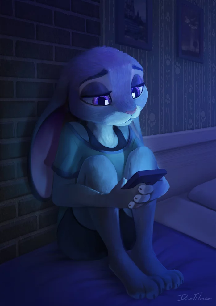 sad bunny - Zootopia, Judy hopps, Dantibana, Night, Smartphone, Art, Furry