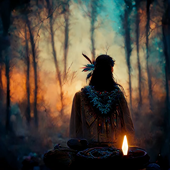 The shaman has three arms and a wing from behind his shoulder, a candle flares up from his breath - Images, Midjourney, Picnic, Modern Art