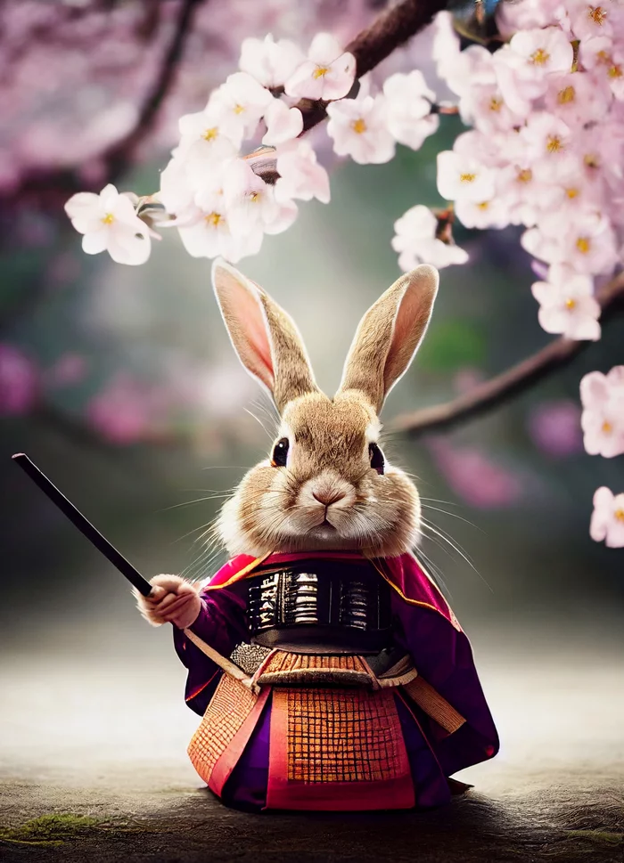 Samurai rabbits))) - My, Hare, Rabbit, Samurai, Digital drawing, Milota, Midjourney, Longpost, Art, Нейронные сети