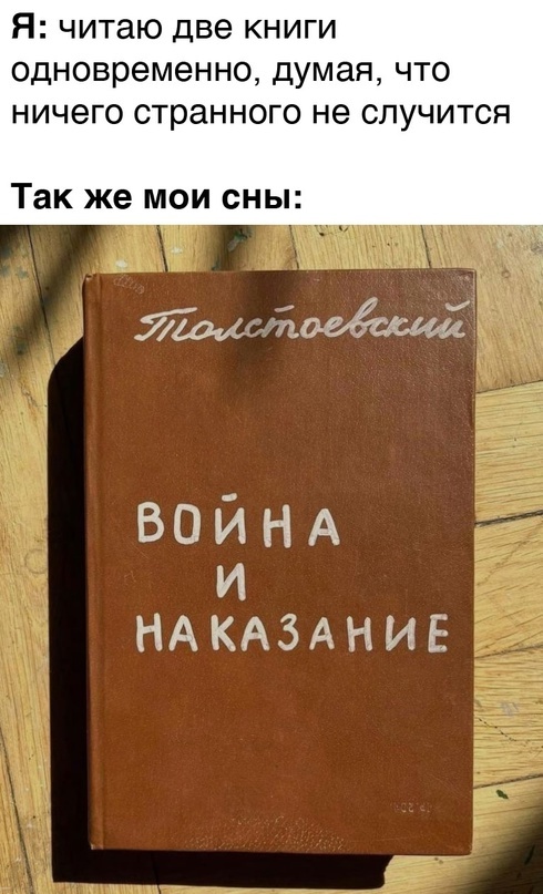 I read two books at the same time - Picture with text, Humor, Memes, Images, Sad humor, Books, War and Peace (Tolstoy), The crime, Crime and Punishment (Dostoevsky)