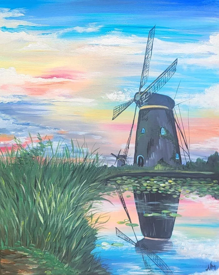 On the pond - My, Art, Painting, Acrylic, Painting, Artist, Mill, Evening, Pond