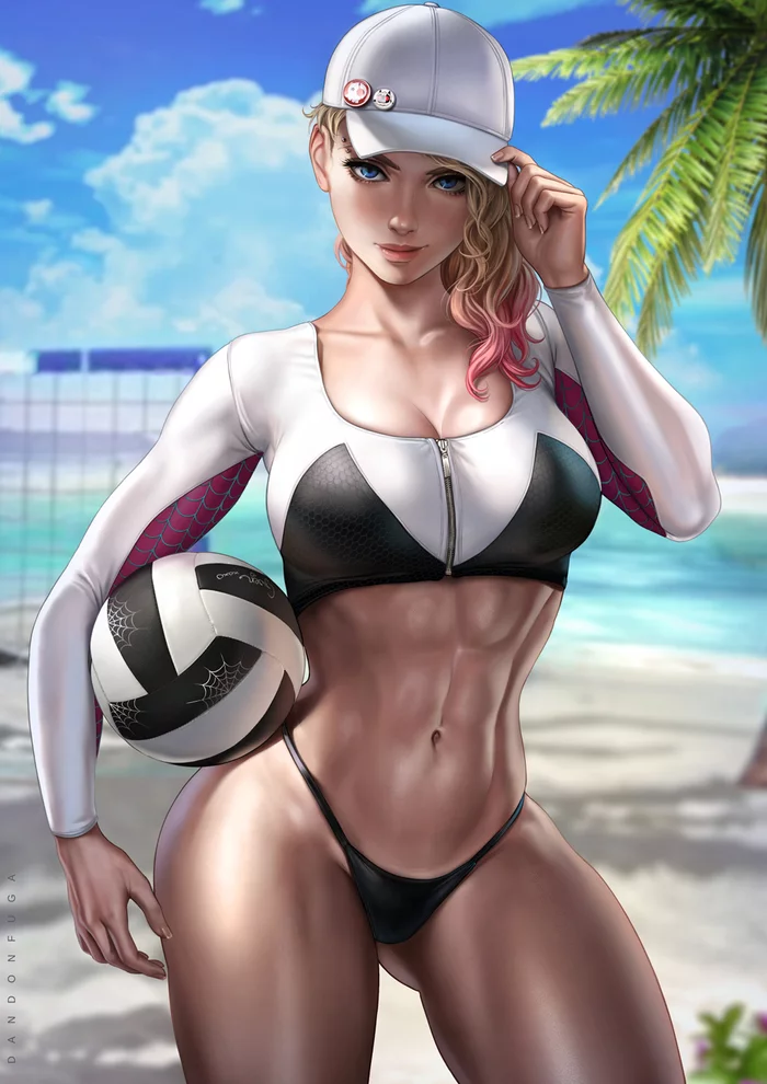 Summer Gwen - NSFW, Рисунок, Marvel, Человек-Паук, Гвен Стейси, Пляжный волейбол, Девушки, Эротика, Рисованная эротика, Dandonfuga, Арт, Купальник