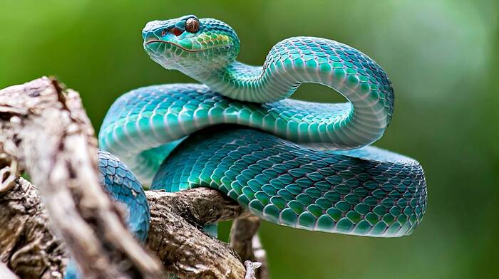 Turquoise snake - Snake, Vipers, Indonesia, Keffiyeh, Komodo, Biology, Turquoise, Informative, Interesting, Entertaining, Around the world, Reptiles, Video, Longpost, Unusual coloring, Blue, Poisonous animals