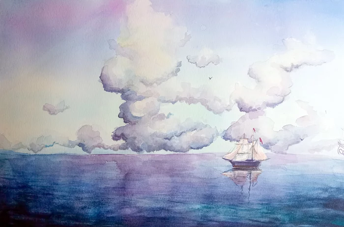 Clouds flew - My, Watercolor, Landscape, Sea, Ship, Drawing