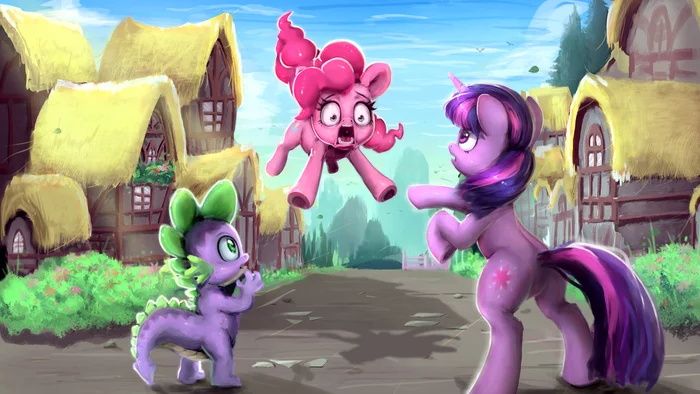 Landing - My little pony, PonyArt, Twilight sparkle, Spike, Pinkie pie