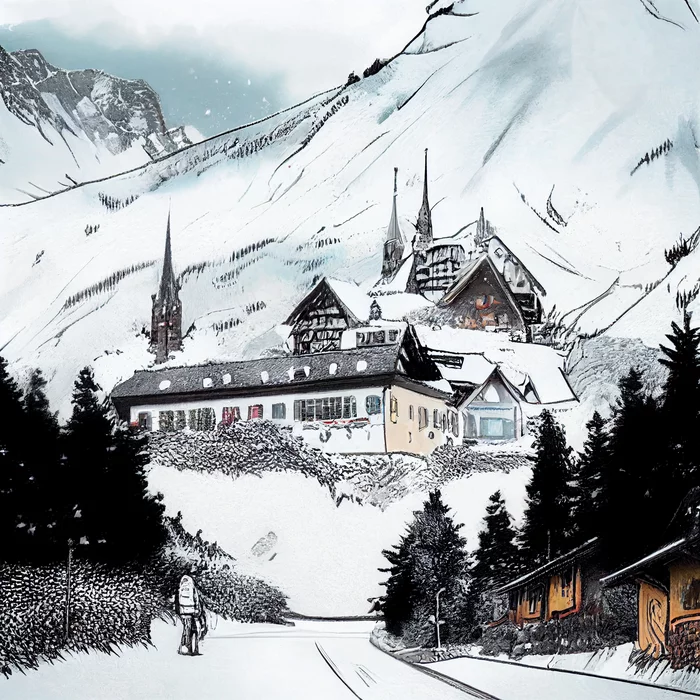 Switzerland in manga style. midjourney - Midjourney, Switzerland, The mountains, Manga