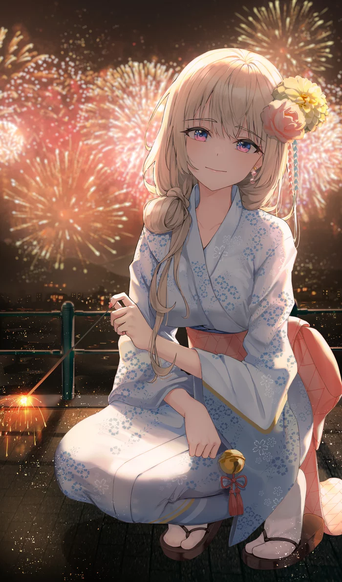 Tanabata - Anime art, Anime, Original character, Girls, Fireworks, Yukata, Tanabata