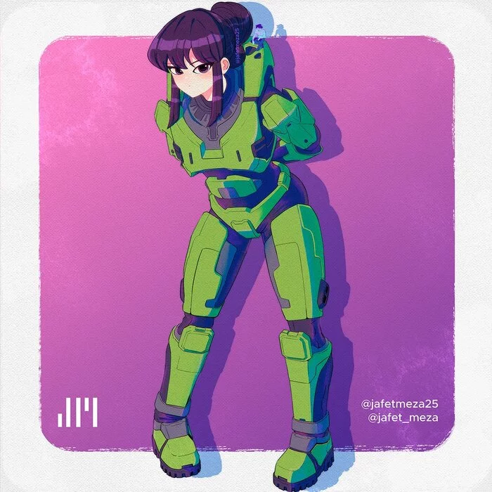 Мастер Чиф без шлема - Арт, Аниме, Anime Art, Игры, Кроссовер, Shouko Komi, Halo, Master Chief, Длиннопост, Komi-San wa Comyushou desu