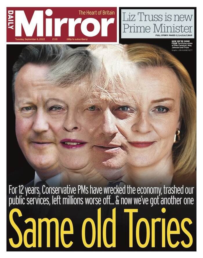 Good old Tories. Cover of the British newspaper The Mirror for the election of Liz Truss - Politics, West, Great Britain, Liz Truss, Tory, Cover