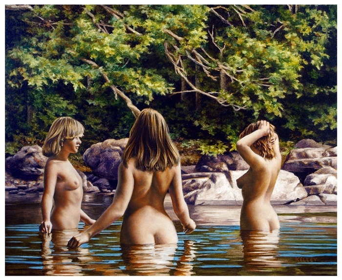 Girls swim in the lake - NSFW, Art, Hand-drawn erotica, Erotic, Girls, Boobs, Water, Booty