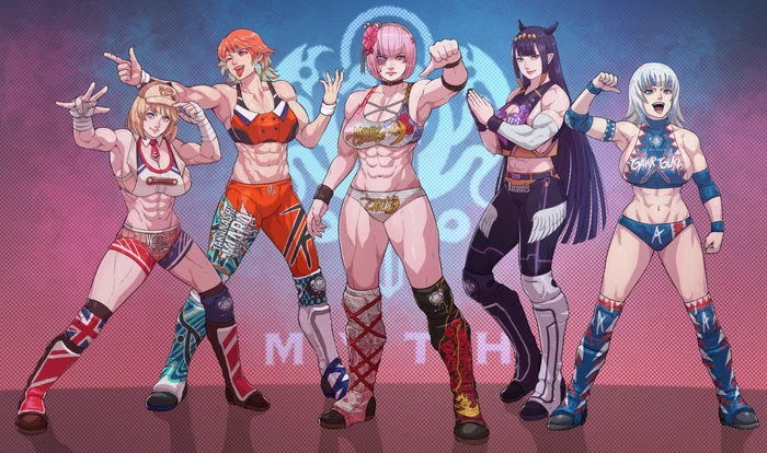 Hololive Wrestlng girls by cirenk - Anime, Art, Anime art, Hololive, Wrestling, Gawr gura, Mori calliope, Muscleart, Takanashi kiara, Longpost, Watson amelia, Cirenk