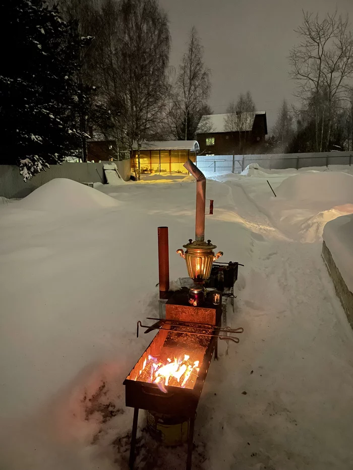 My winter comfort - My, Samovar, Bonfire, Snow, Cosiness, The photo