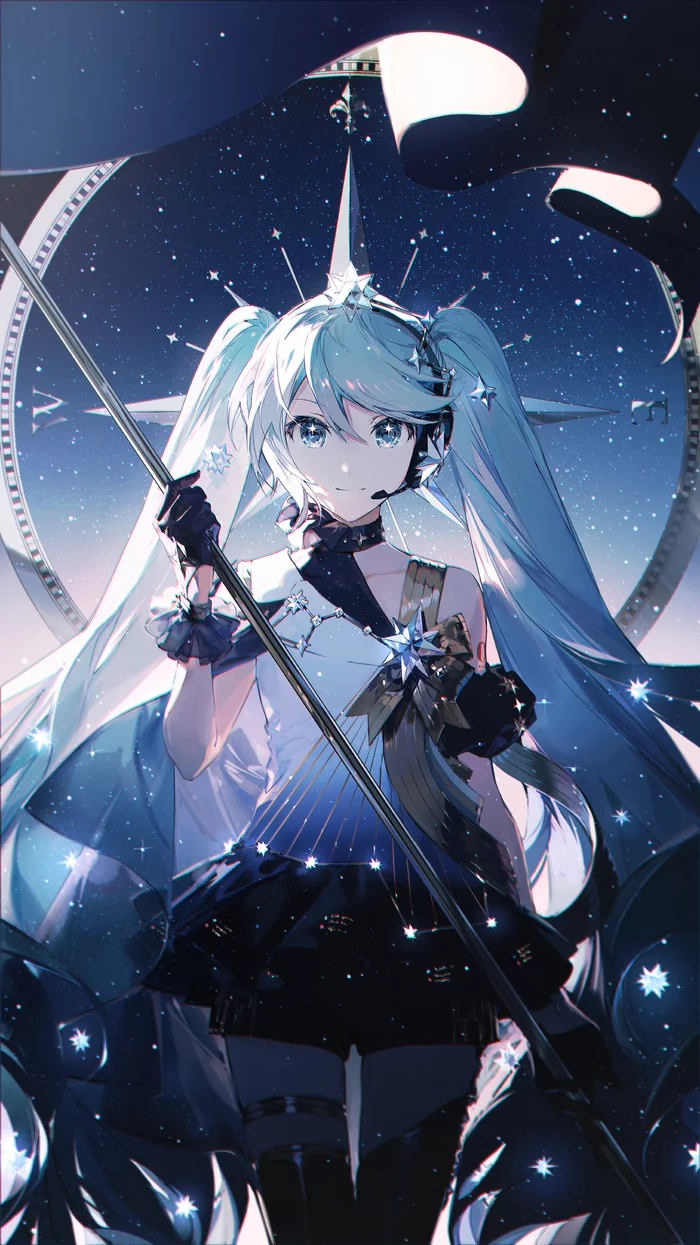 Hatsune Miku - Anime art, Anime, Girls, Drawing, Pixiv, Vocaloid, Flag, Stars, Space, Tiara, Long hair, Mini skirt, Compass, Brooch, Ribbon, Boots, Rella, Hatsune Miku