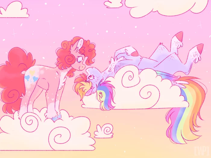 Дружки на тучках - My Little Pony, Арт, PonyArt, Rainbow Dash, Pinkie Pie, Wanderingpegasus