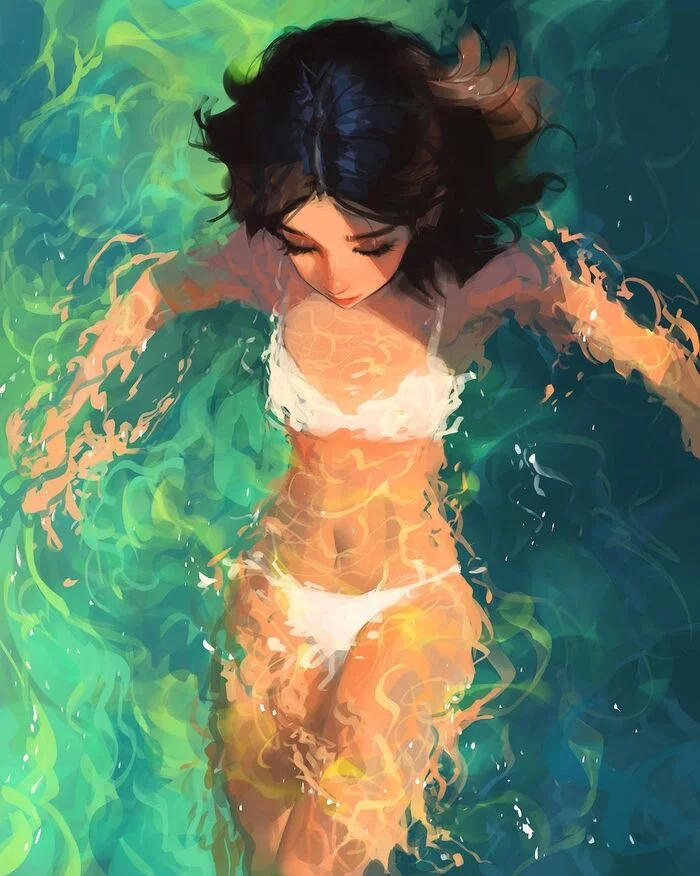 Water procedures - Drawing, Girls, Bathing, Water, Sam yang, Art, Swimsuit