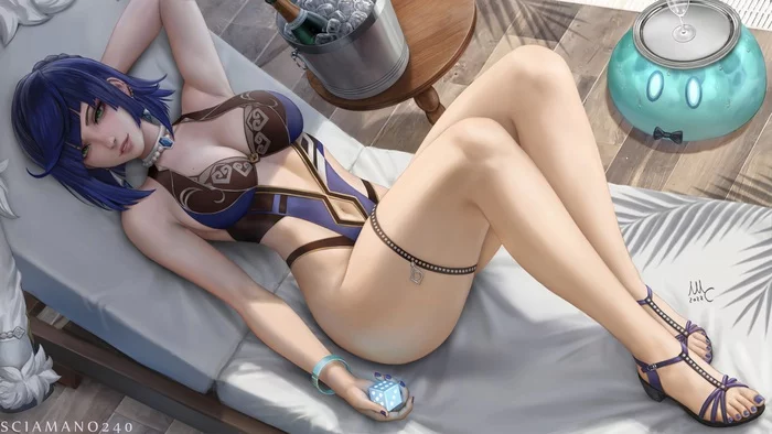 Yelan (addition) - NSFW, Art, Drawing, Anime art, Genshin impact, Girls, Erotic, Hand-drawn erotica, Game art, Swimsuit, Bikini, Boobs, Topless, Nudity, View from above, Sciamano240, Longpost