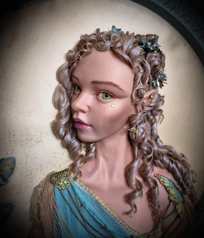 Sky blue flower fairy Irene bas-relief - My, Лепка, Handmade, Sculpture, Bas-relief, Doll, Longpost, Friday tag is mine, Friday, Decor, Polymer clay, Fantasy, Elves, Video, Youtube, Needlework without process