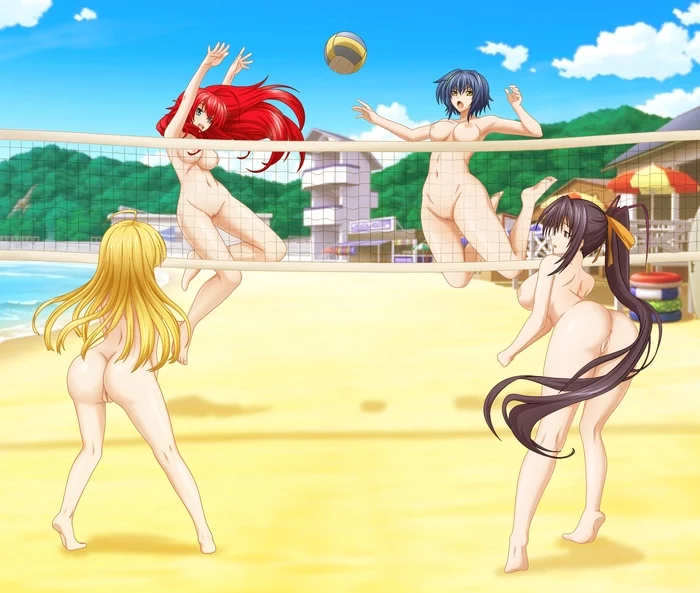 The occult club knows how to spend the summer right - NSFW, My, High School DXD, Erotic, Boobs, Art, Digital drawing, Rias Gremory, Himejima akeno, Xenovia, Labia, Pubis, Anime, Beach volleyball, Exhibitionism, Nudism, Bounce, Beach, Nudity, Sports girls, Hand-drawn erotica, Anime art