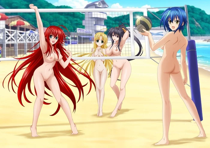 Let's play? - NSFW, My, Erotic, Boobs, Anime art, Anime, Rias Gremory, Himejima akeno, Xenovia, Hand-drawn erotica, Art, Beach volleyball, Nudism, Exhibitionism, Booty, Pubis, Digital drawing, Sports girls, Volleyball, Pixiv, Naked, High School DXD