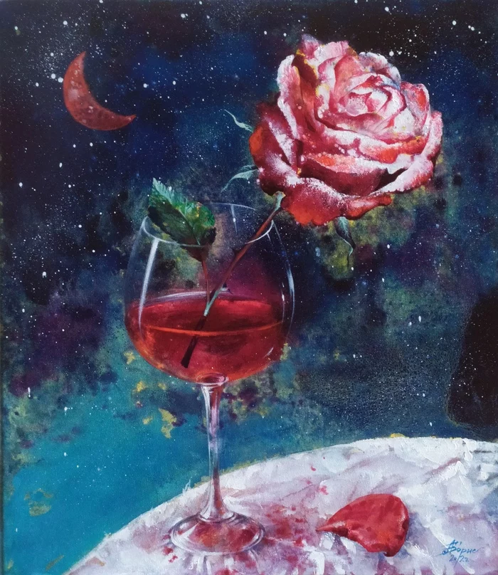 Painting Bitterness of sweet wine - My, Painting, Fantasy, Art, Modern Art, Still life, the Rose, Wine, Month
