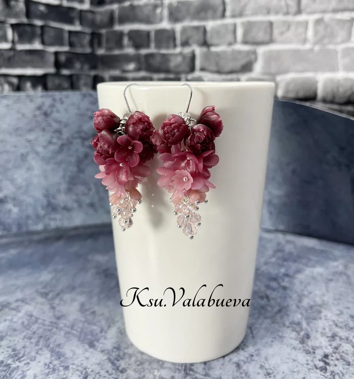 Cluster Earrings with Peonies in Red Wine - My, Polymer clay, Peonies, Lilac, Earrings, Bordeaux, With your own hands, Needlework, Needlework without process, Handmade, Silver