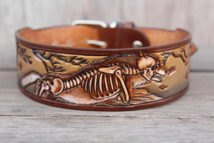 Collar for a dog one soul for two - Collar, Natural leather, Needlework without process, Skeleton, Wolf, Carving, Handmade