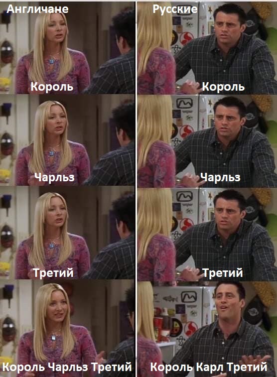 Oddities of Russian naming - Picture with text, Memes, Humor, Phoebe Buffe, TV series Friends, King Charles III (Prince Charles), Joey Tribbiani
