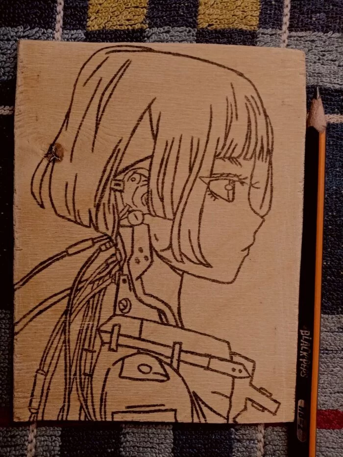 Cyberpunk edgerunner (Lucy) - My, Cyberpunk, Pencil drawing, Drawing, Sketch, Beginner artist, Pyrography, Longpost, Sketch