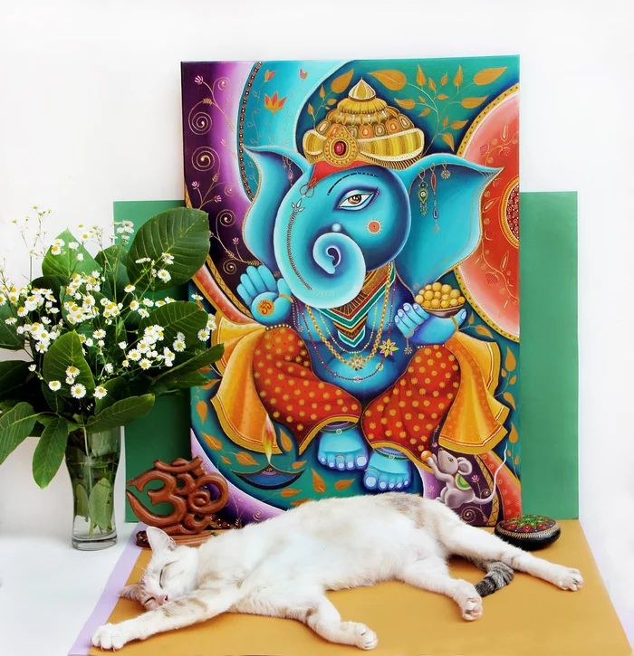 Ganesha. Oil painting on canvas. And my cat had a good lay down before I was about to take a photo of my work. - My, Art, Painting, Artist, Beautiful, Oil painting, Painting, Ganesha, cat, Modern Art