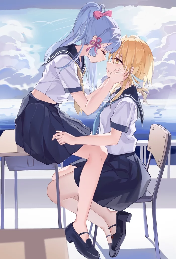 Lumine x Ayaka - Genshin impact, Art, Anime art, Lumine, Kamisato Ayaka, Seifuku